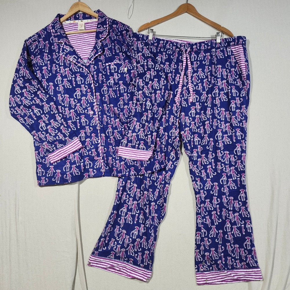 Munki Munki Women Sock Monkey Pajama Set Blue Pink Bamboo Cotton Blend XXL Soft